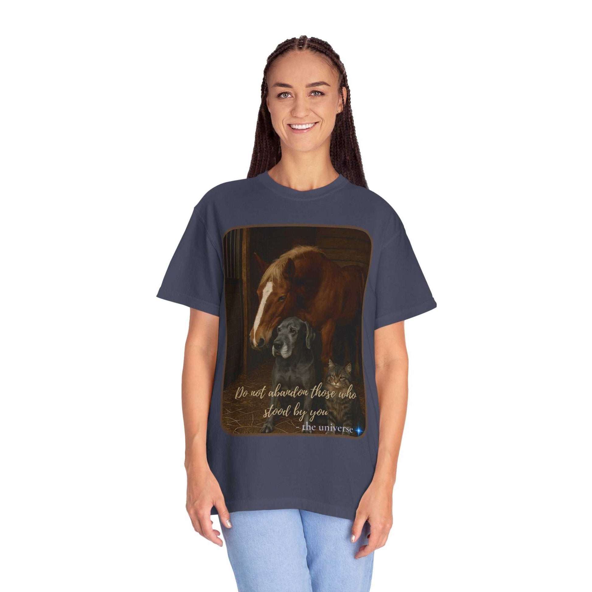 Woman wearing navy Comfort Colors 1717 Animal Rescue T-Shirt with horse, dog, and cat design and "Do not abandon those who stood by you" text