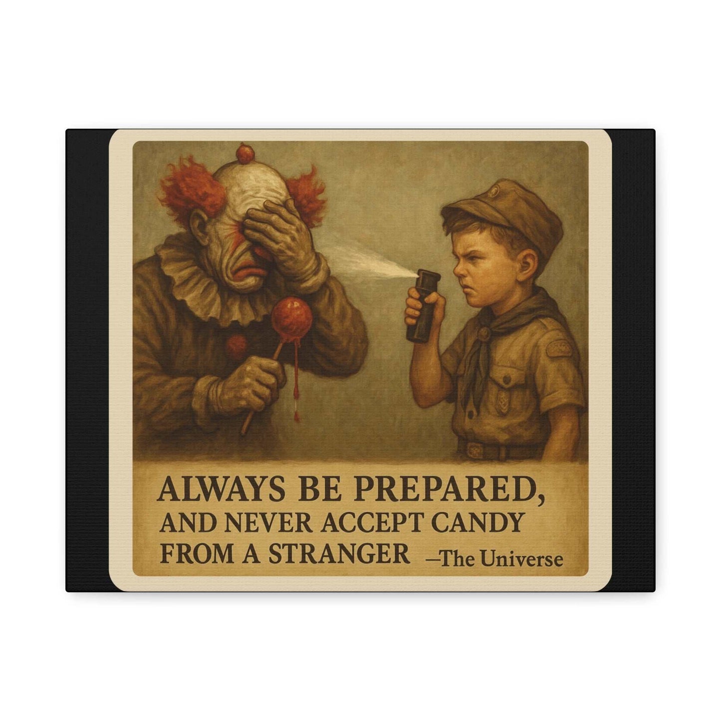 Vintage-style art of a scout spraying pepper spray at a clown with candy, with safety quote.