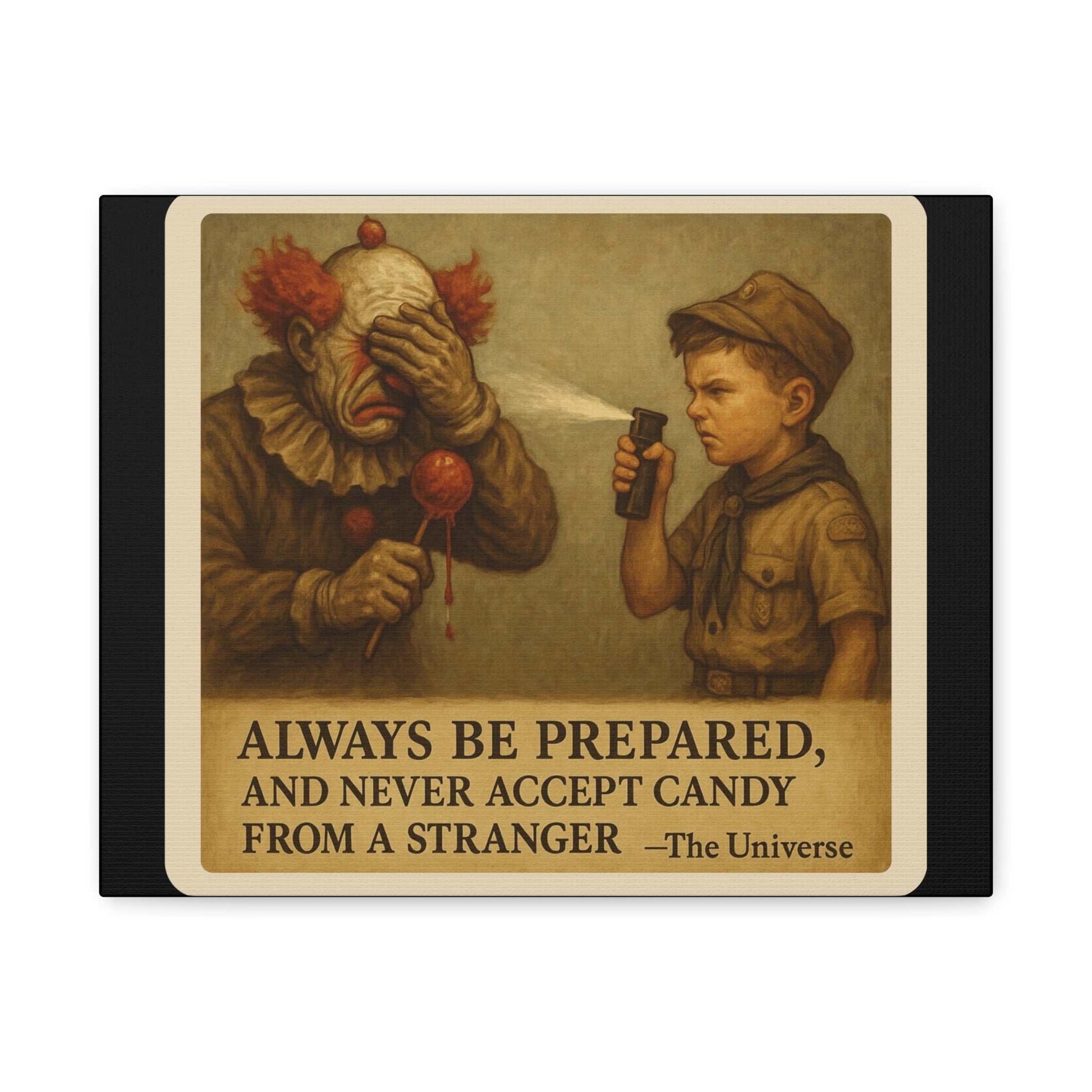 Vintage-style art of a scout spraying pepper spray at a clown with candy, with safety quote.