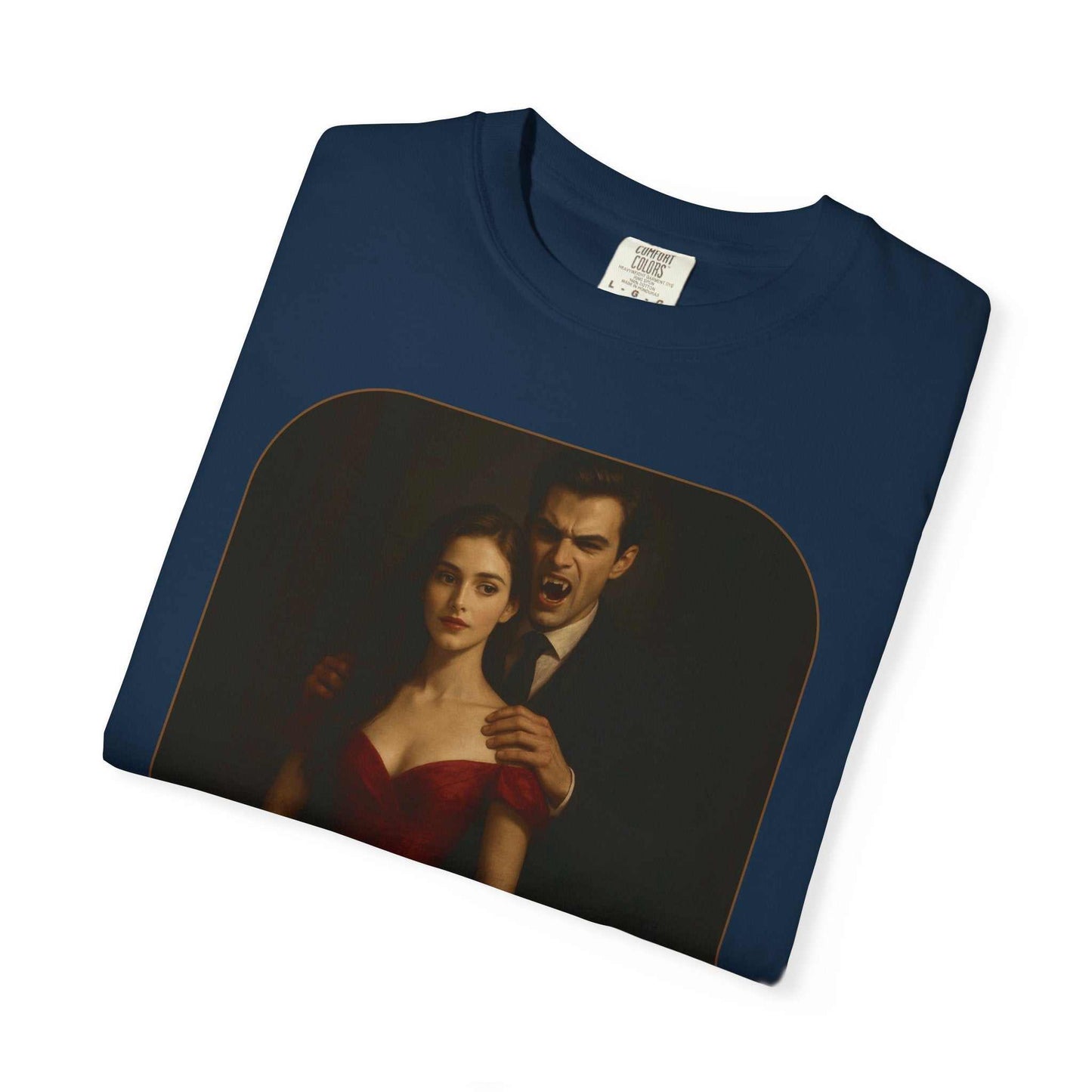 Navy Vampire Graphic T-Shirt with gothic horror design of vampire and woman, unisex cotton tee