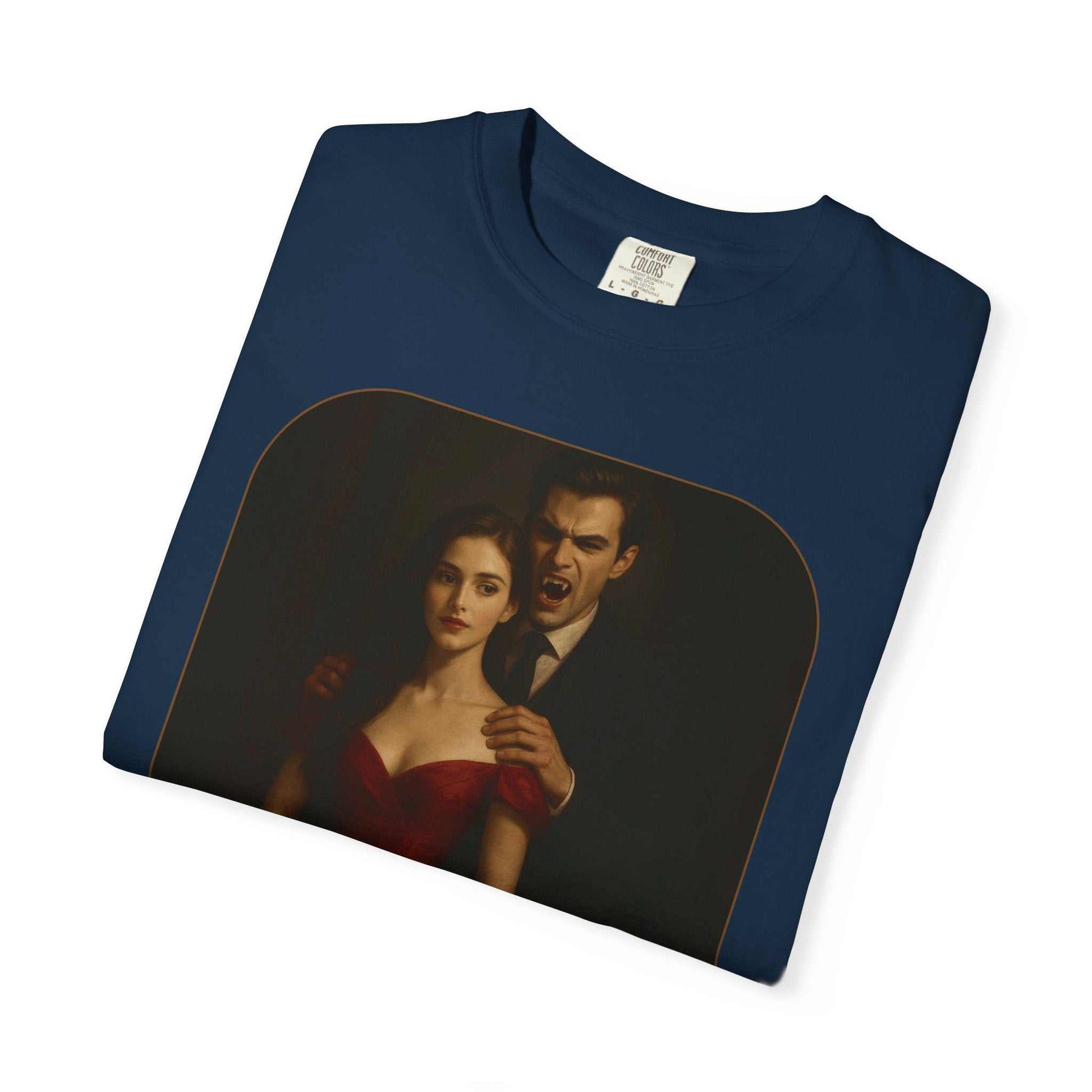 Navy Vampire Graphic T-Shirt with gothic horror design of vampire and woman, unisex cotton tee