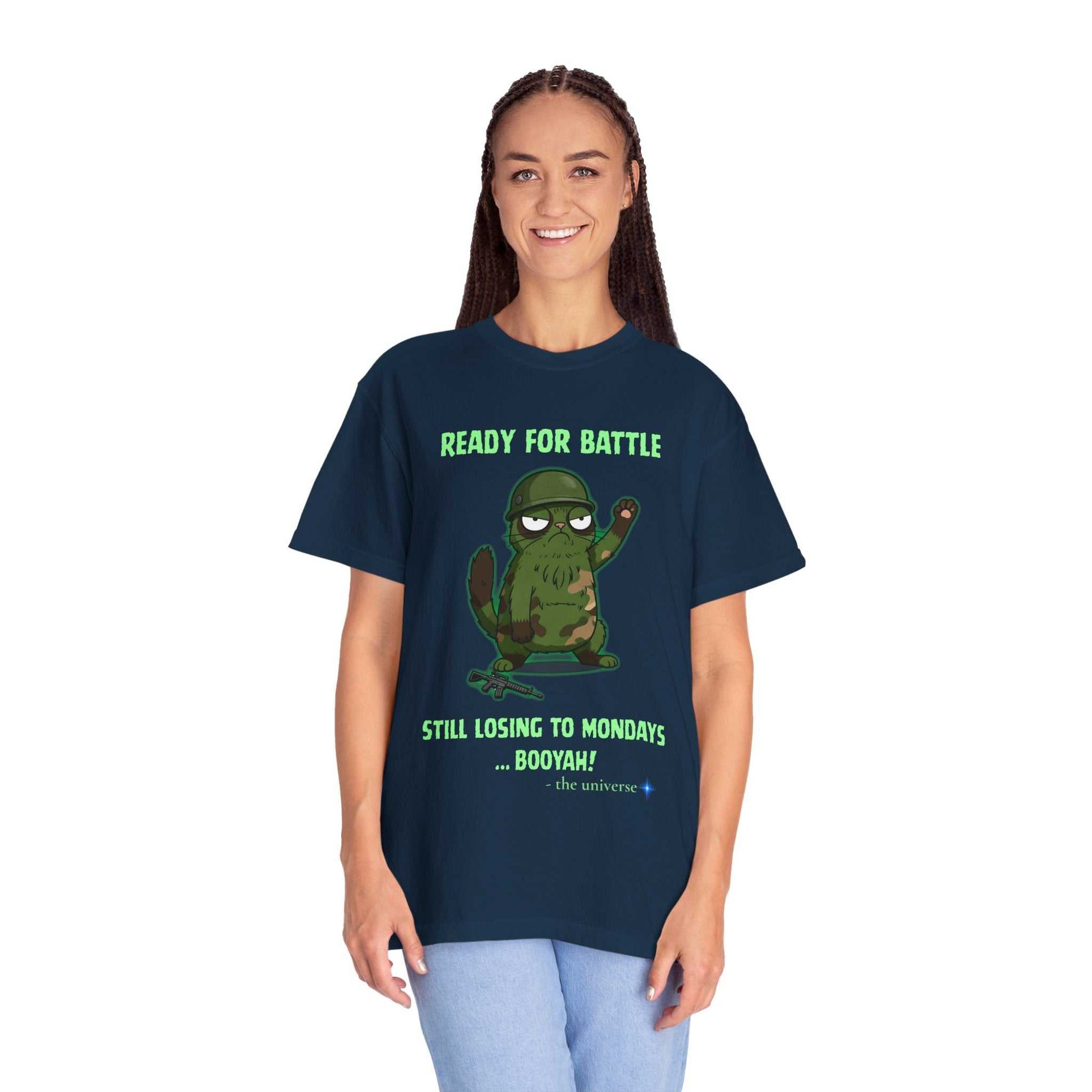Woman wearing navy funny military sloth t-shirt with "Ready for Battle" graphic and text