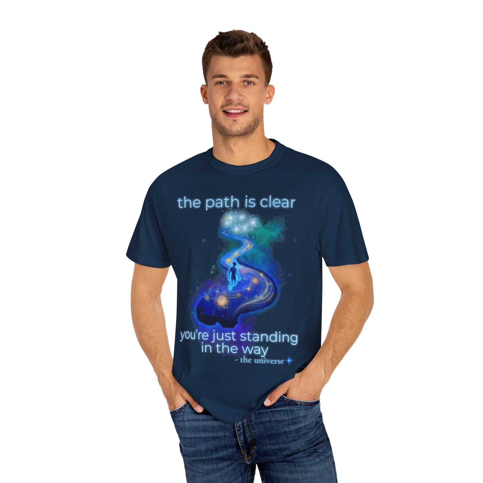 Man wearing navy blue Spiritual Path Graphic T-Shirt with cosmic path and inspirational text design