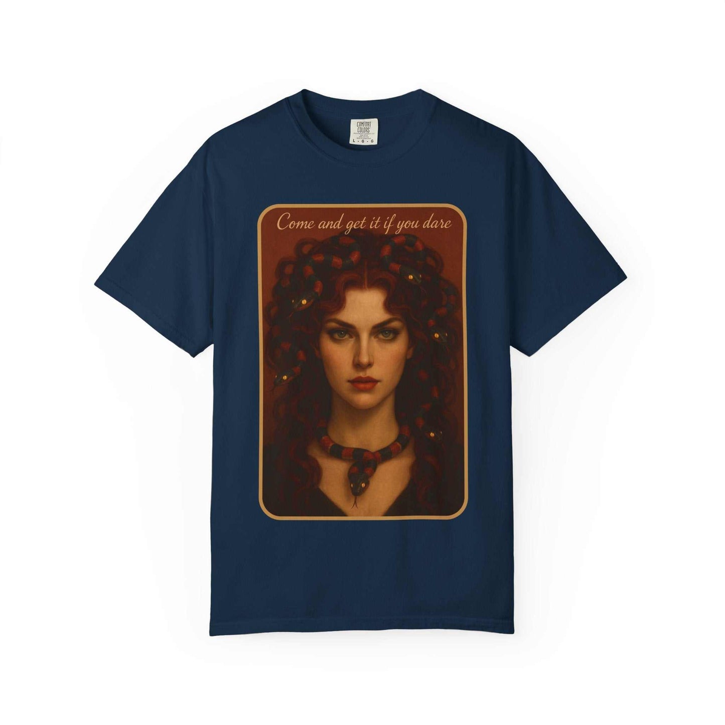 Comfort Colors® Medusa Graphic T-Shirt with "Come and Get It" Medusa design on navy blue cotton tee