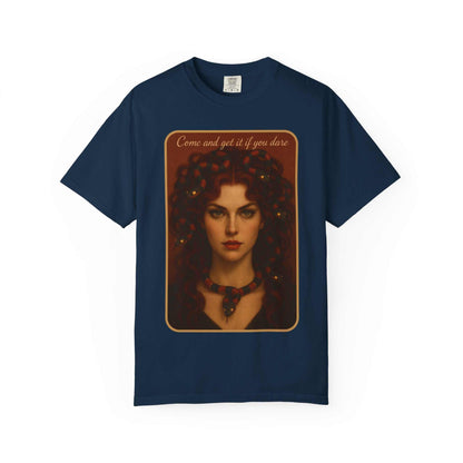 Comfort Colors® Medusa Graphic T-Shirt with "Come and Get It" Medusa design on navy blue cotton tee