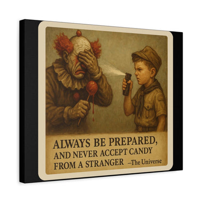 Vintage-style art print of a boy scout spraying a sad clown, text reads 'Always be prepared and never accept candy from a stranger.'