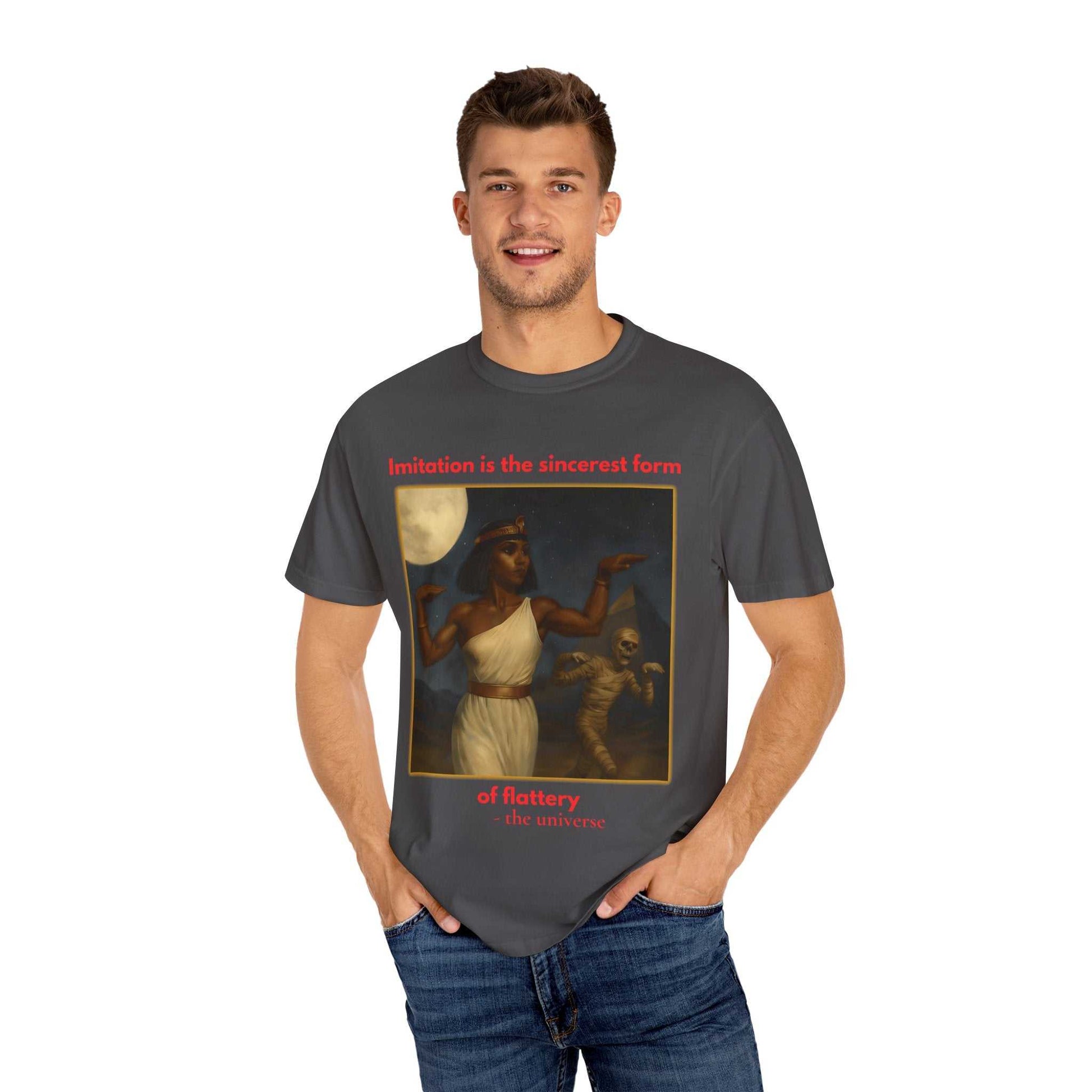 Man wearing Egyptian Mummy T-Shirt with Cleopatra and mummy design on dark grey cotton tee