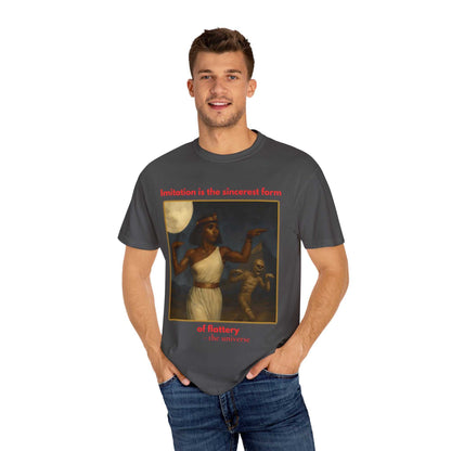 Man wearing Egyptian Mummy T-Shirt with Cleopatra and mummy design on dark grey cotton tee