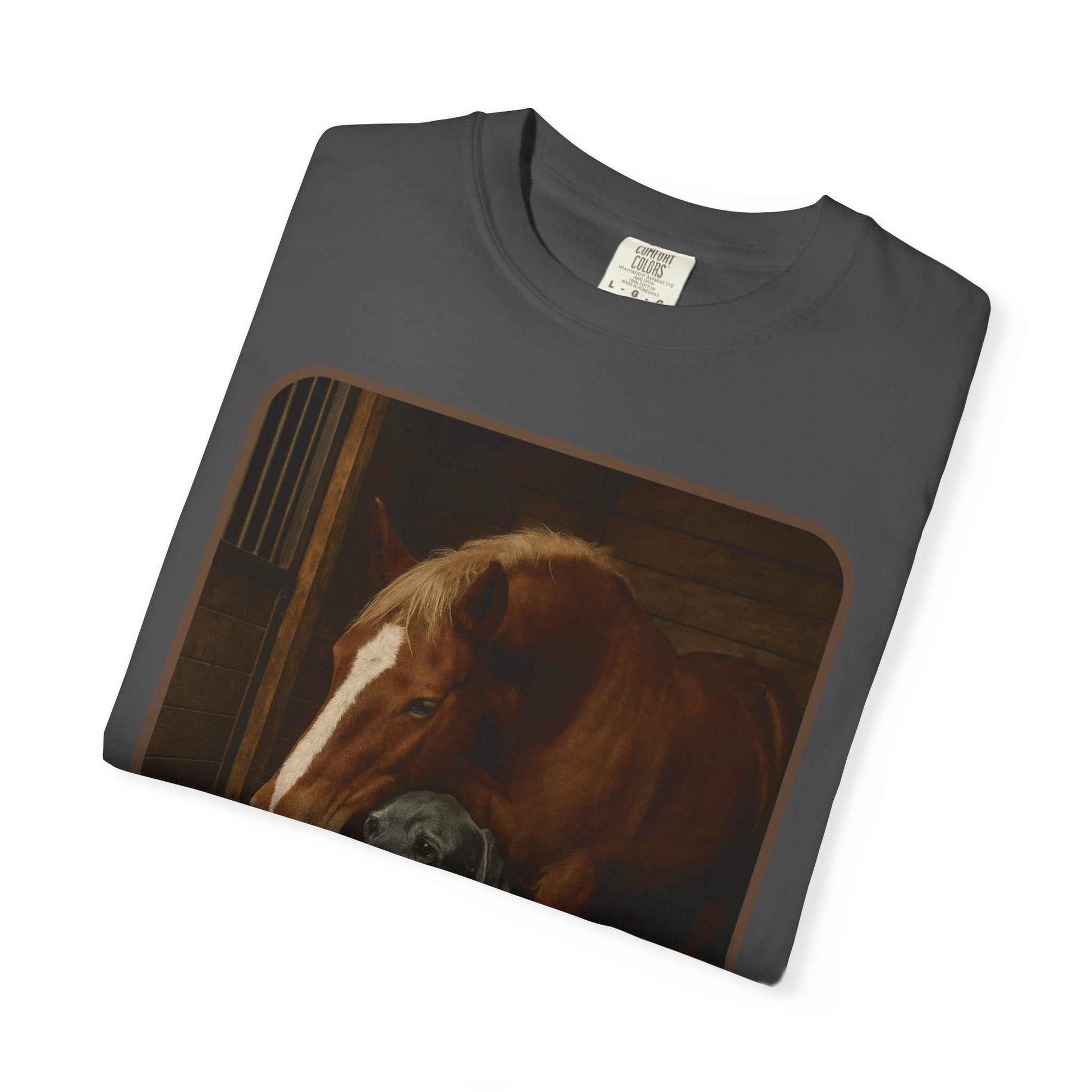Comfort Colors 1717 vintage-style Animal Rescue T-Shirt with horse, dog, and cat design on charcoal cotton fabric