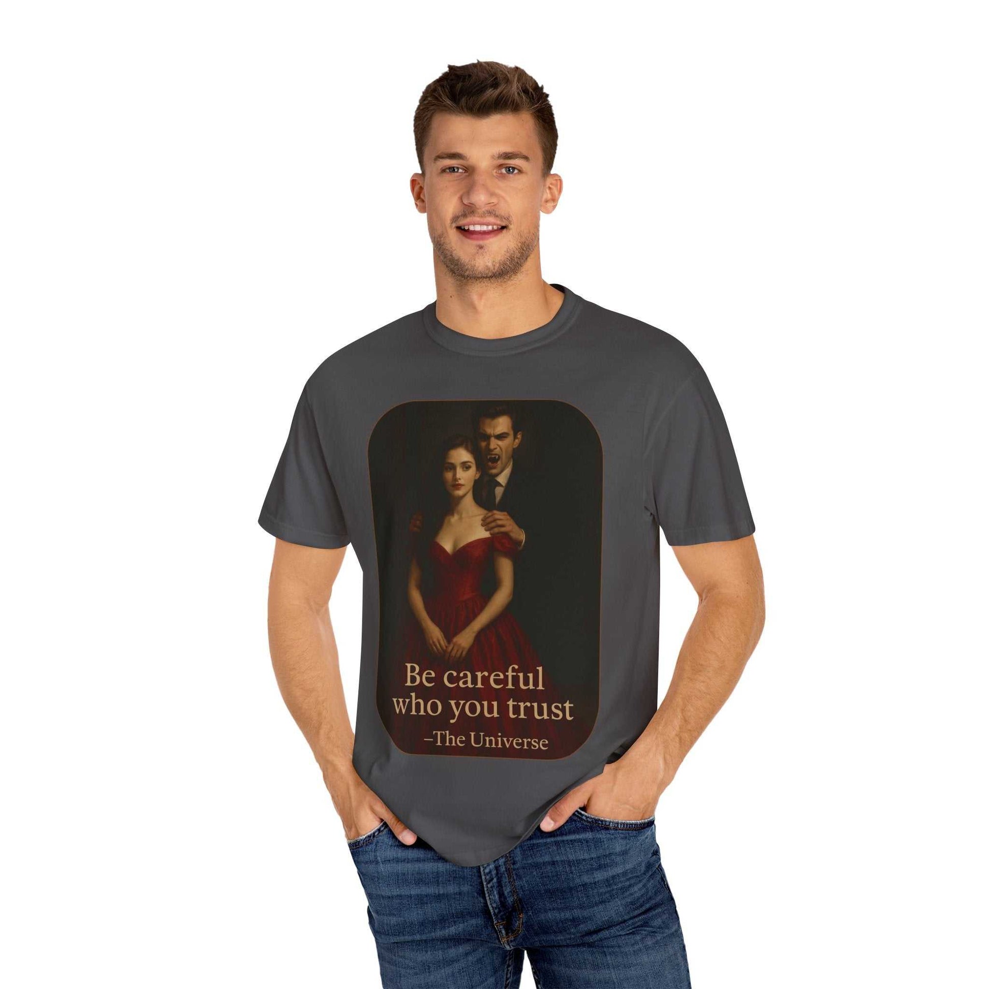 Unisex Vampire Graphic T-Shirt with gothic horror design of vampire and woman and text "Be careful who you trust" on soft black cotton tee