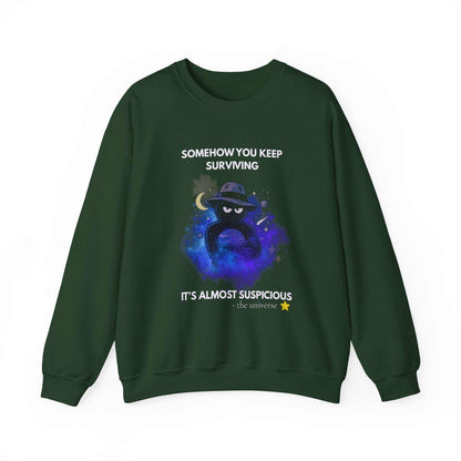 Funny Detective Sweatshirt – “It’s Almost Suspicious” Cosmic Crewneck, Unisex Black Pullover, Sarcastic Universe Gift for Mystery Lovers