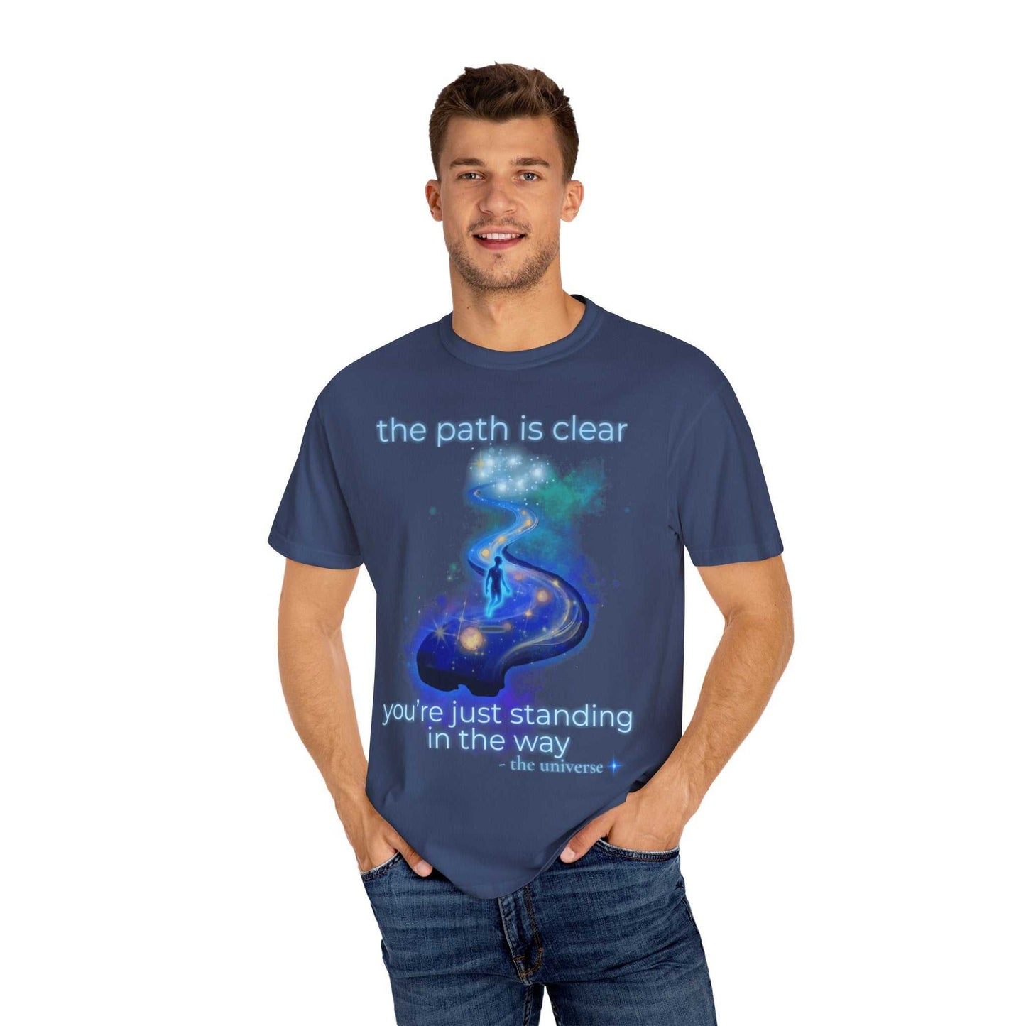 Man wearing Comfort Colors Spiritual Path Graphic T-Shirt with cosmic path design and inspirational text on navy blue cotton tee