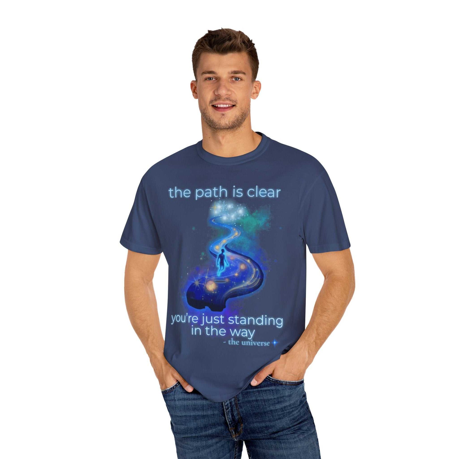 Man wearing Comfort Colors Spiritual Path Graphic T-Shirt with cosmic path design and inspirational text on navy blue cotton tee