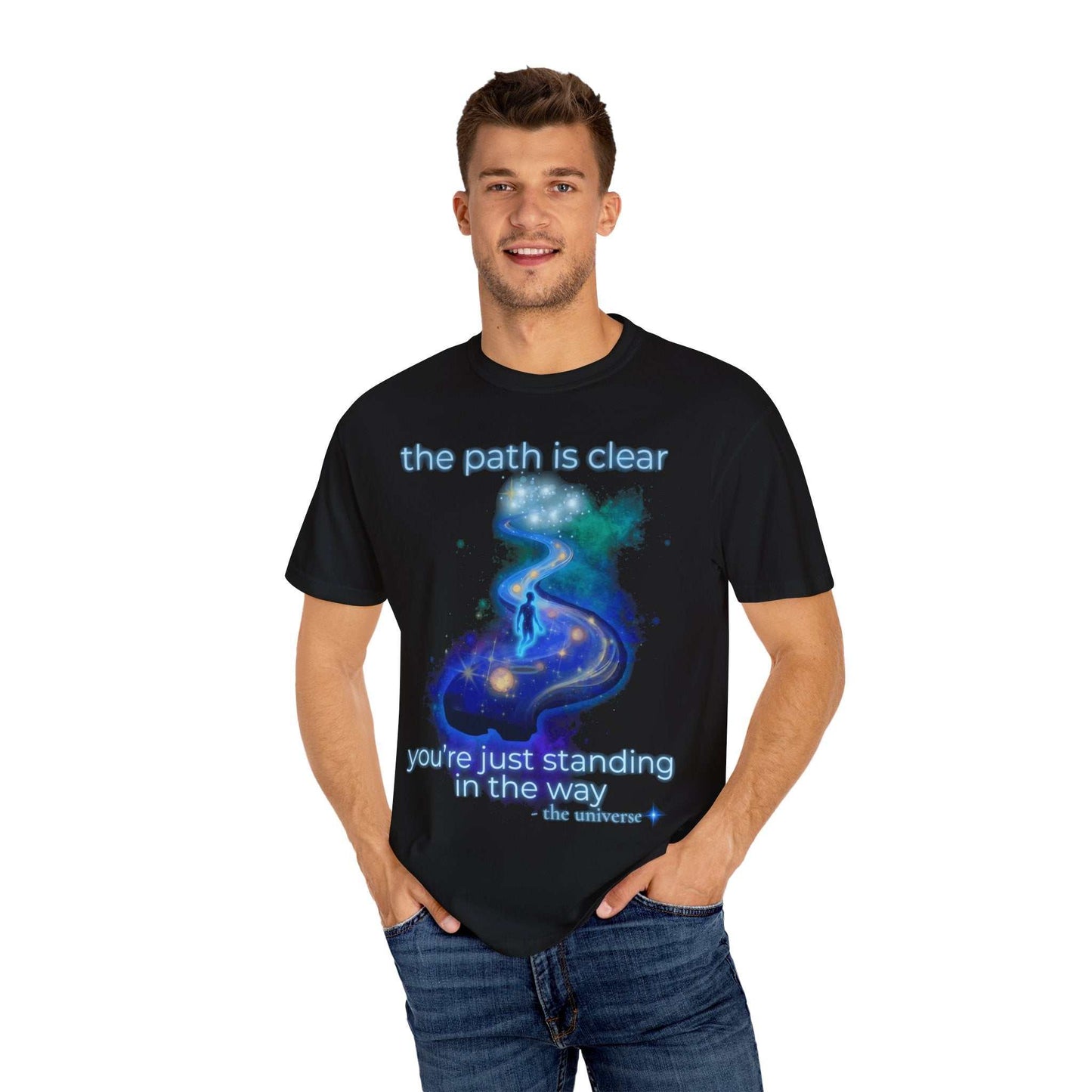 Man wearing Comfort Colors® Spiritual Path Graphic T-Shirt with cosmic design and inspirational text on black cotton tee