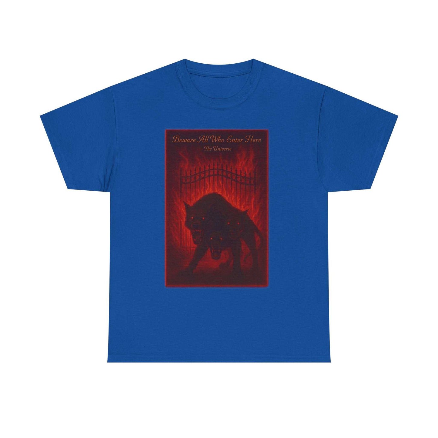 blue Cerberus Guard T-shirt with dark red three-headed dog mythical creature design on front