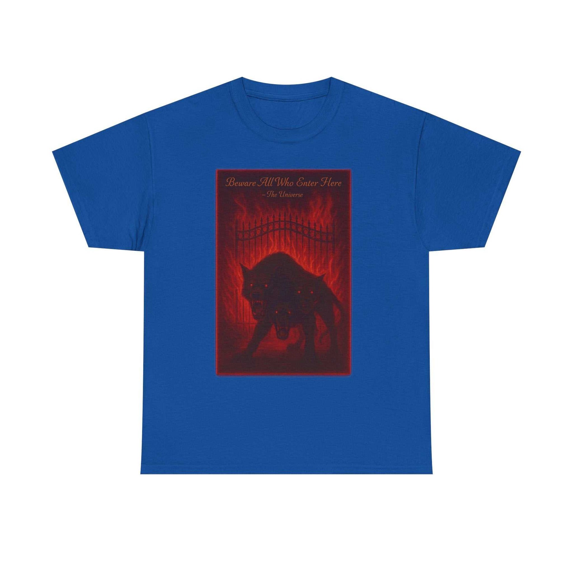 blue Cerberus Guard T-shirt with dark red three-headed dog mythical creature design on front