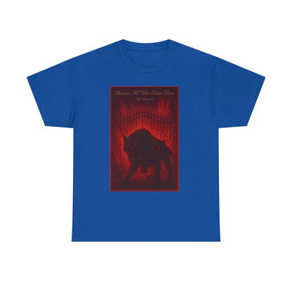 blue Cerberus Guard T-shirt with dark red three-headed dog mythical creature design on front