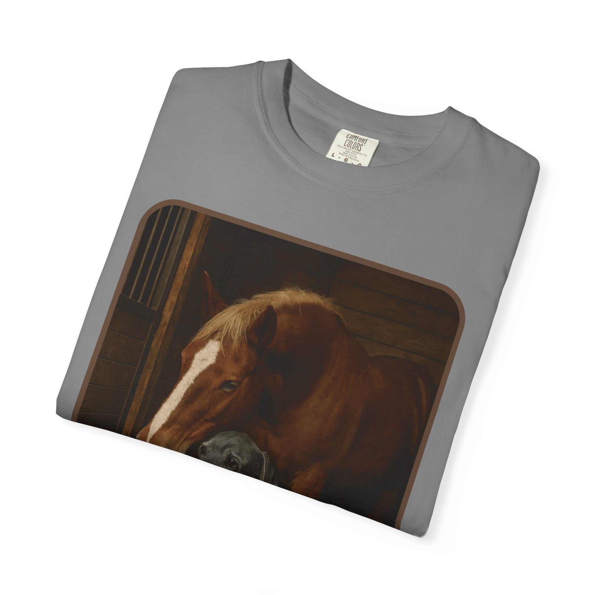 Comfort Colors 1717 gray animal rescue t-shirt with horse, dog, and cat graphic for animal welfare support