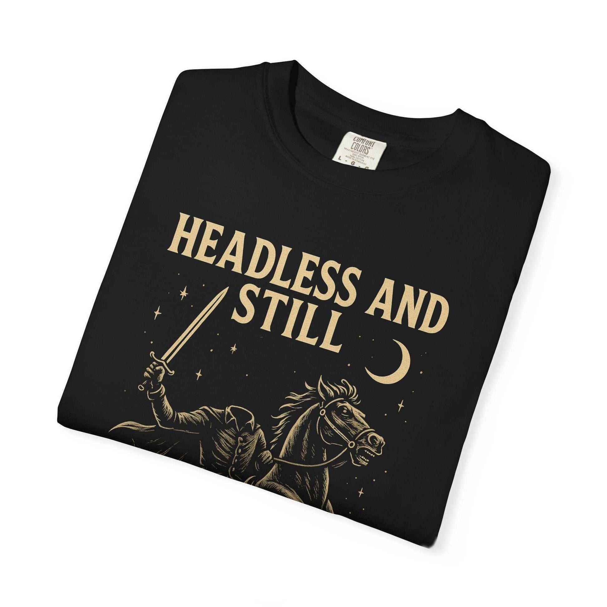 Black eco-friendly cotton Headless Horseman shirt with motivational Halloween design and unisex fit