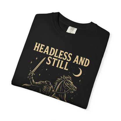 Black eco-friendly cotton Headless Horseman shirt with motivational Halloween design and unisex fit