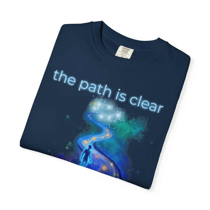 Comfort Colors® navy Spiritual Path Graphic T-Shirt with cosmic path and "the path is clear" text, garment dyed cotton tee