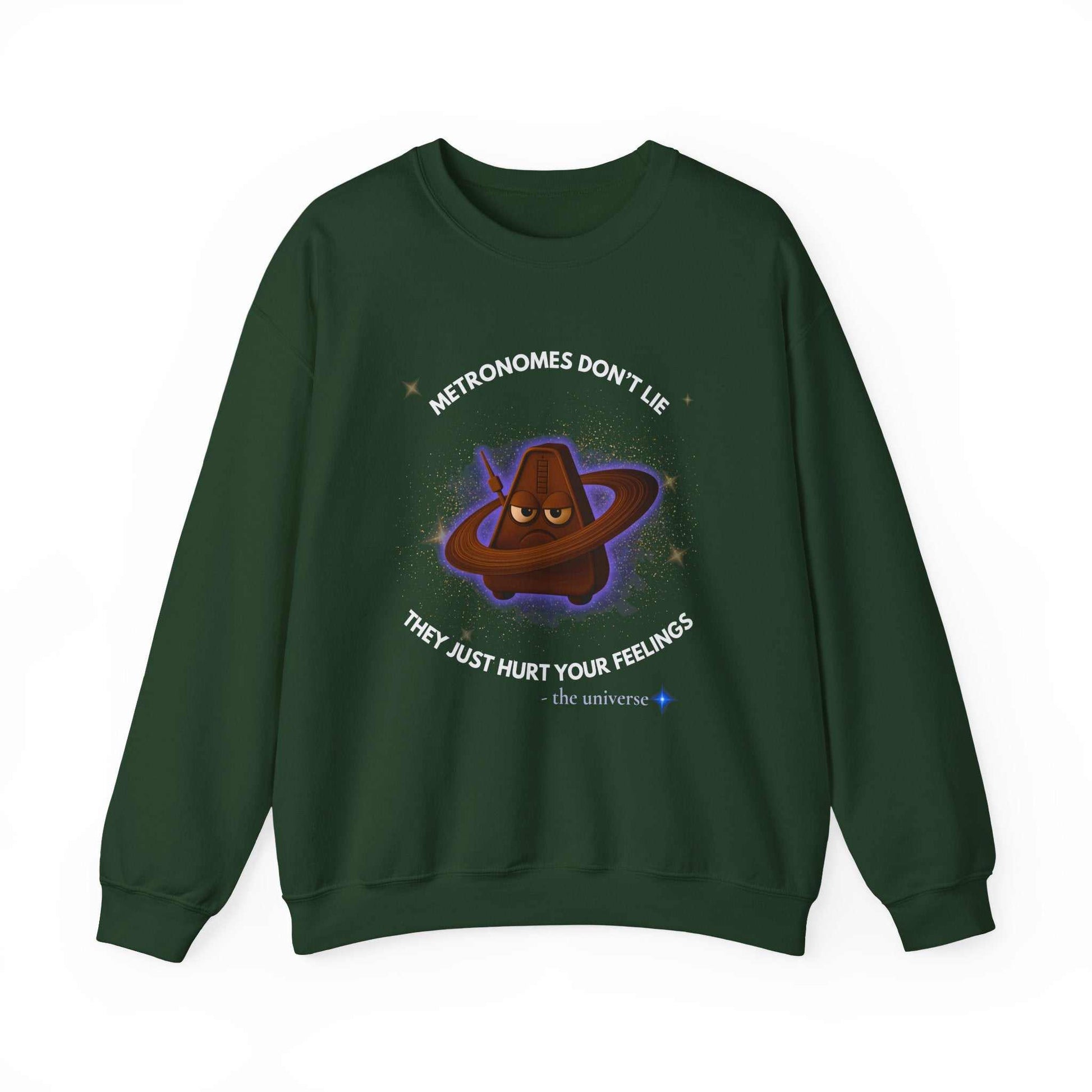 A dark green sweatshirt with a grumpy metronome graphic and text.