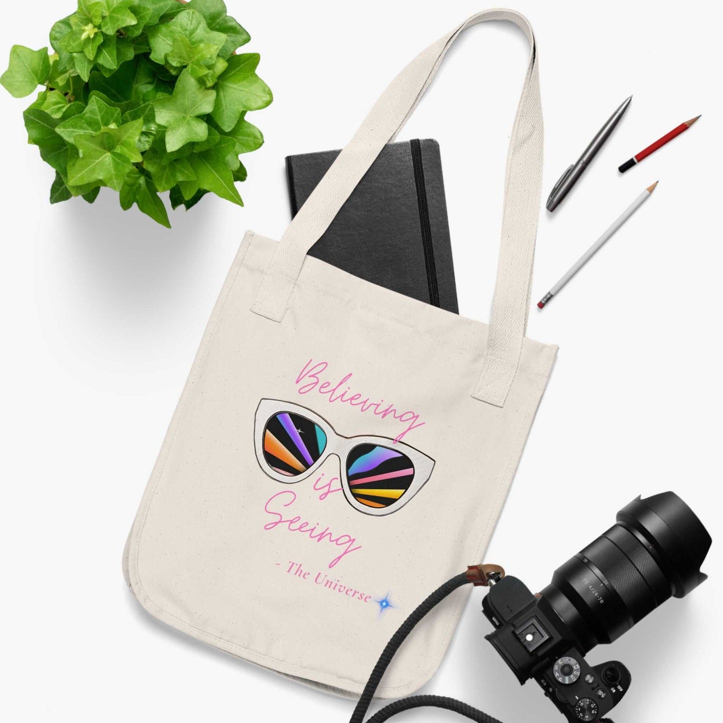 Tote Bag — "Believing is Seeing" Sunglasses Graphic Organic Canvas Tote