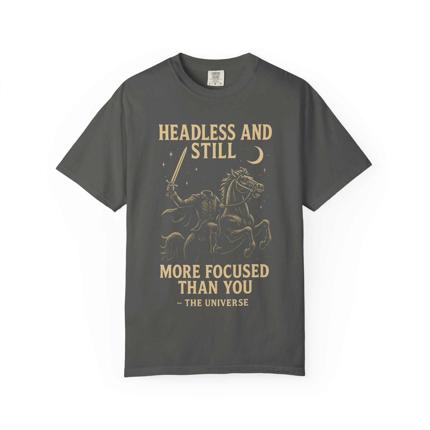 Gray Headless Horseman shirt with motivational Halloween design and eco-friendly cotton print