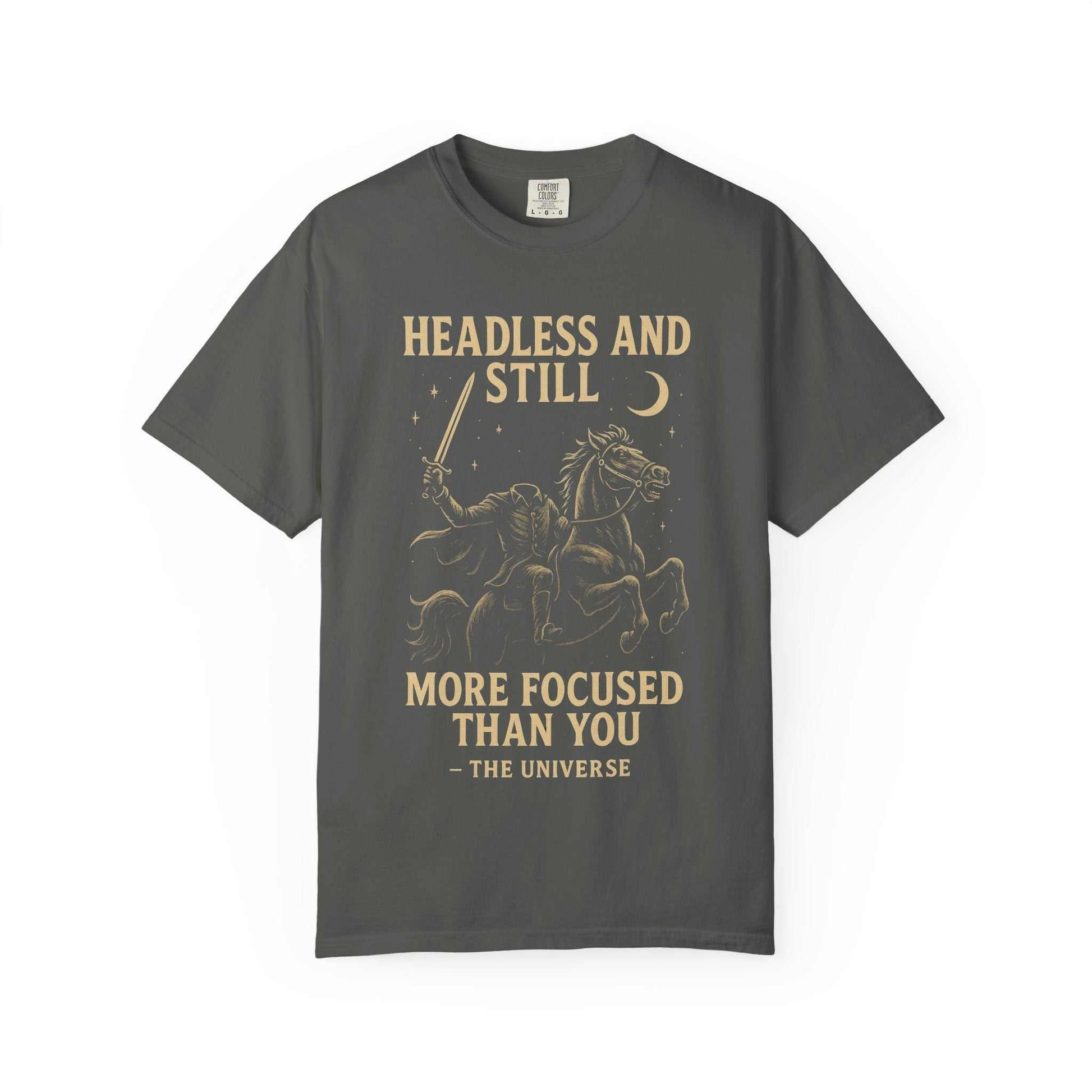 Gray Headless Horseman shirt with motivational Halloween design and eco-friendly cotton print