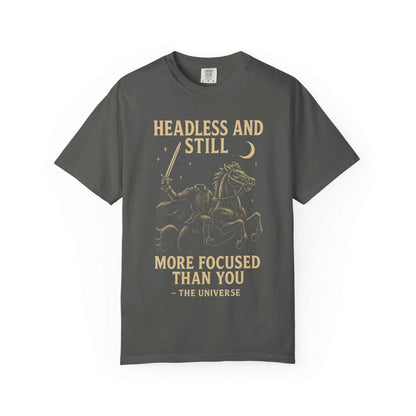Gray Headless Horseman shirt with motivational Halloween design and eco-friendly cotton print