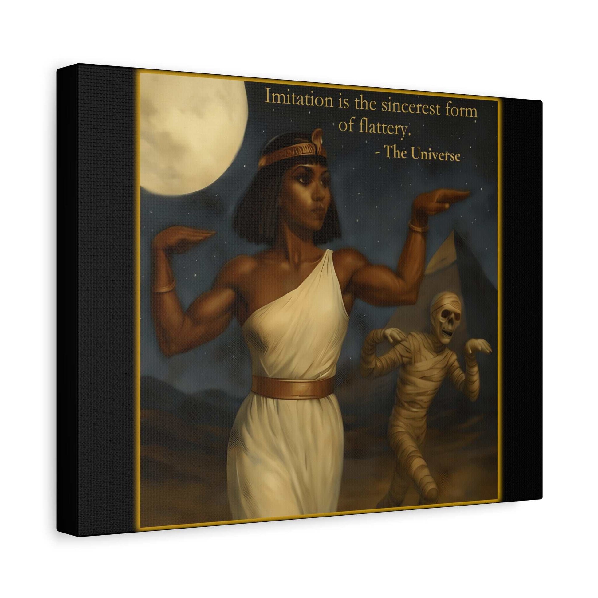 Ancient Egyptian woman posing with a mummy under a full moon and pyramids, Youniverses art