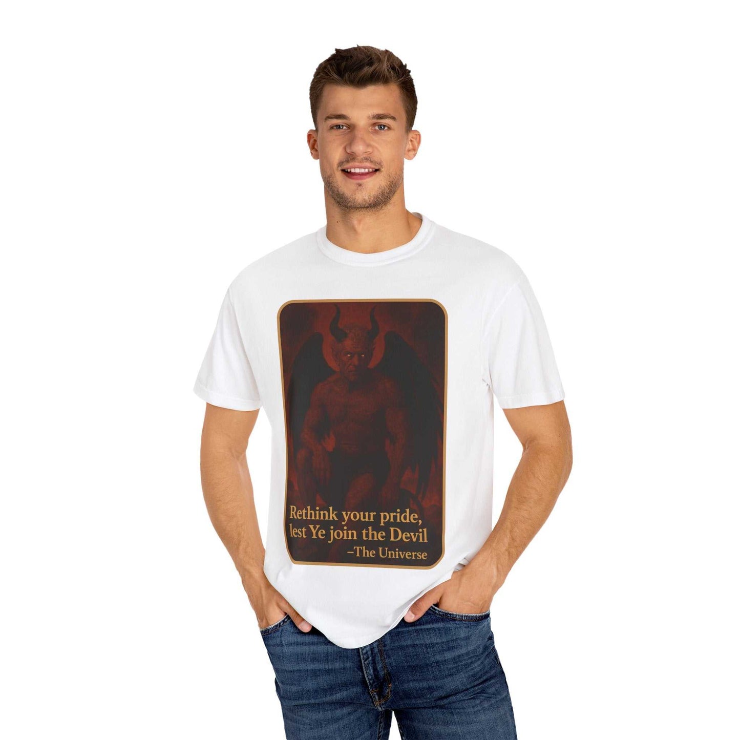 Devil Rethink Your Pride unisex garment-dyed cotton t-shirt with devil graphic and quote design