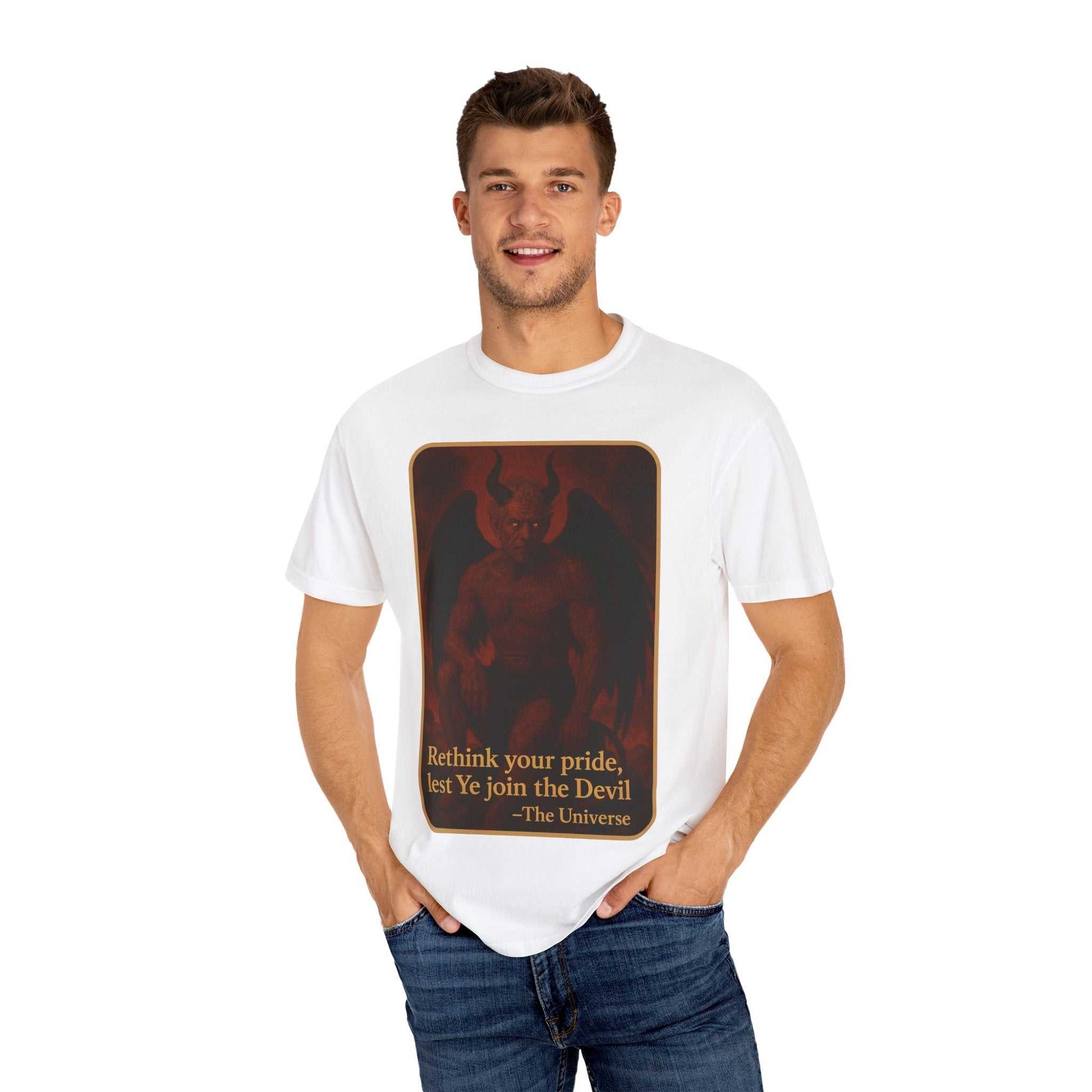 Devil Rethink Your Pride unisex garment-dyed cotton t-shirt with devil graphic and quote design