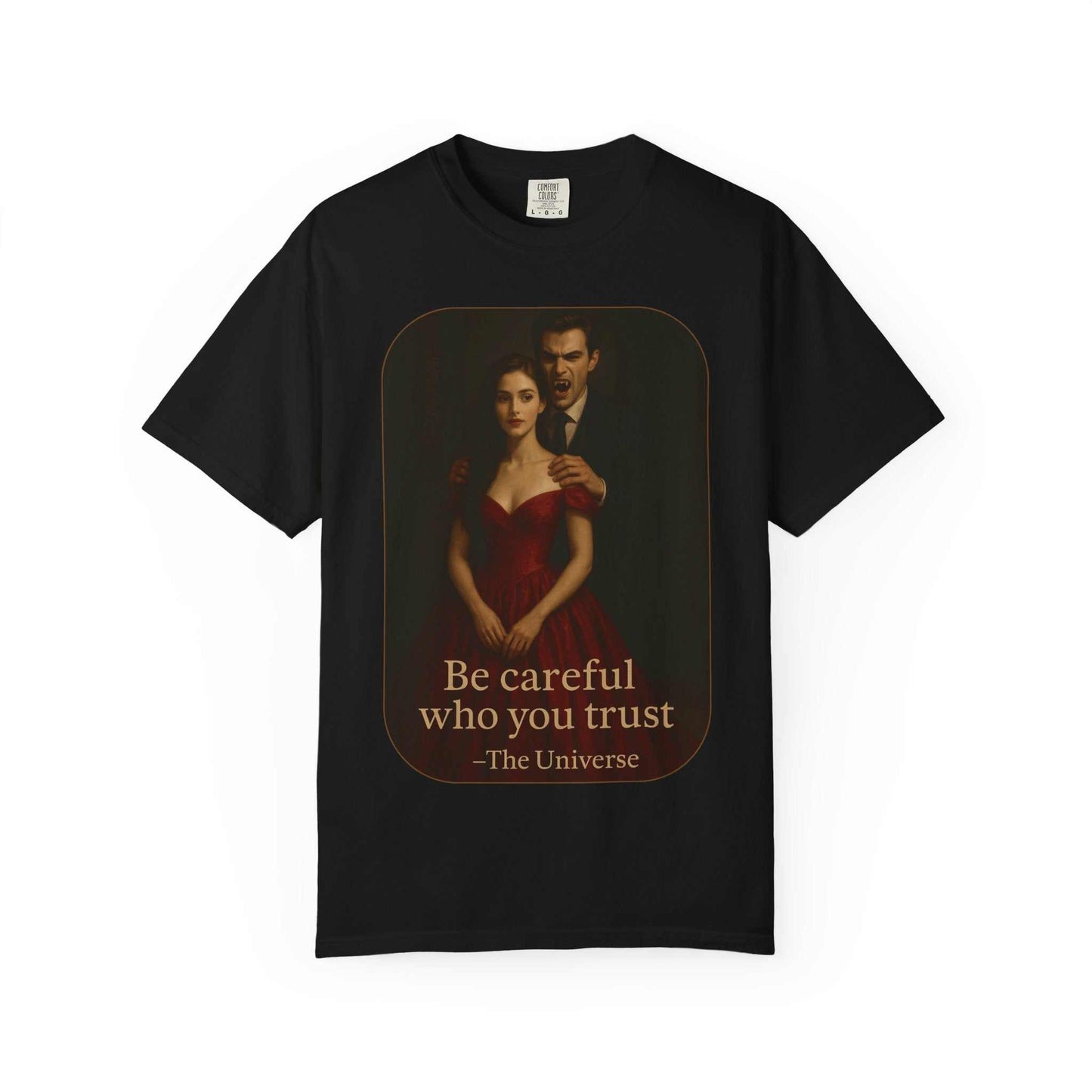 Black unisex vampire graphic t-shirt with gothic horror design and "Be careful who you trust" text