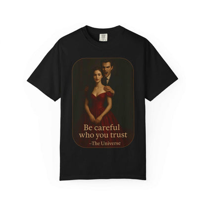 Black unisex vampire graphic t-shirt with gothic horror design and "Be careful who you trust" text