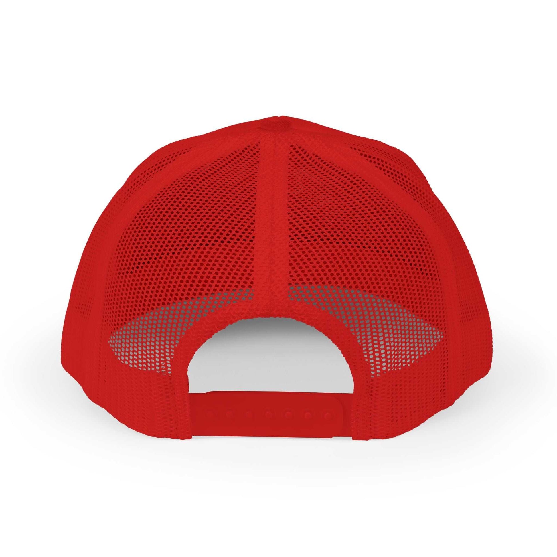 Red Planet Smile Trucker Cap with breathable mesh back and adjustable snap closure