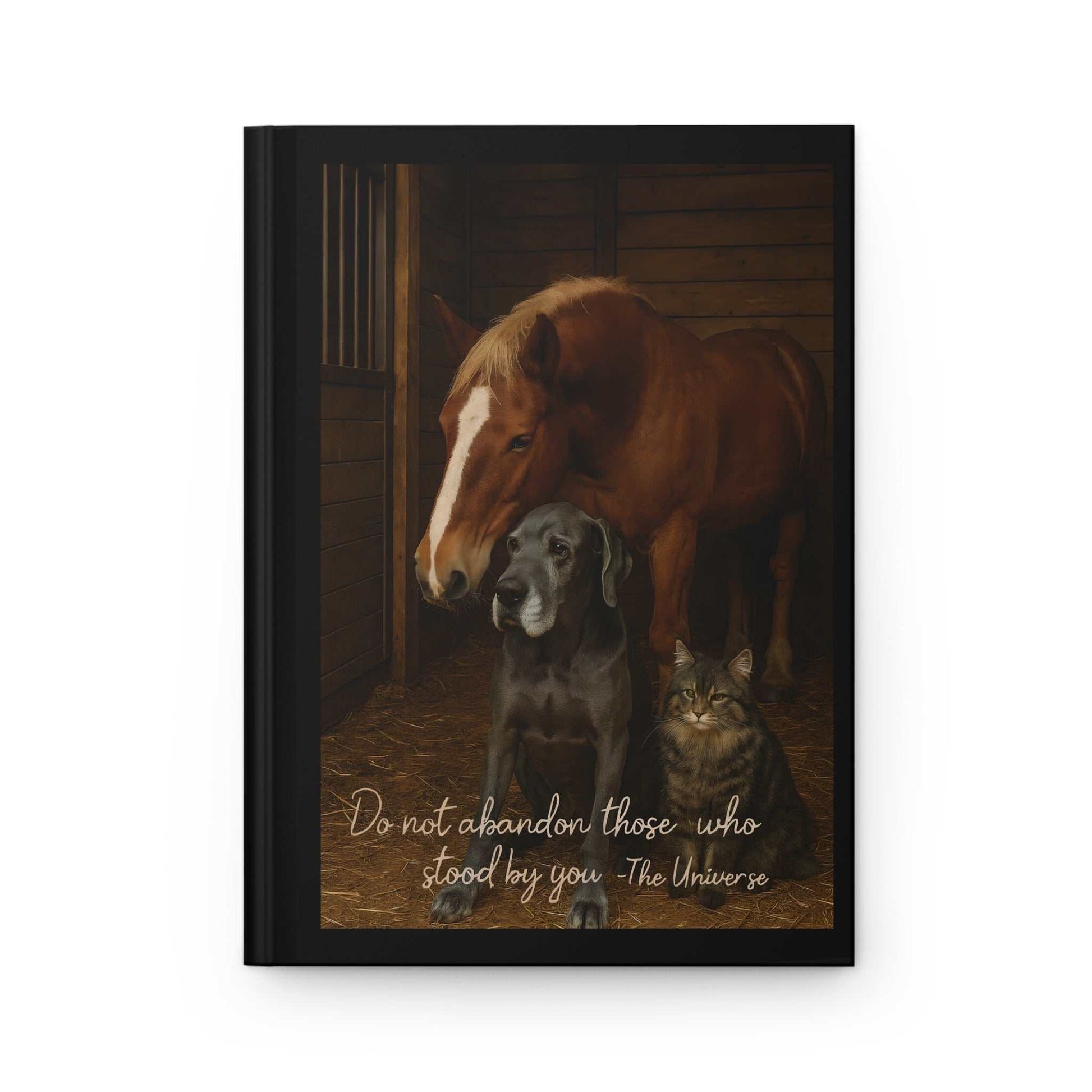 Horse, dog, and cat together in a stable with quote, animal friendship art, Youniverses