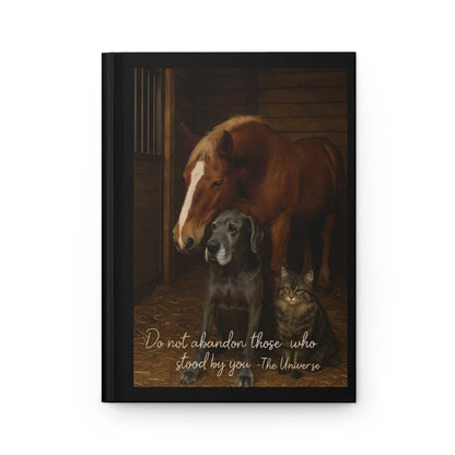 Horse, dog, and cat together in a stable with quote, animal friendship art, Youniverses