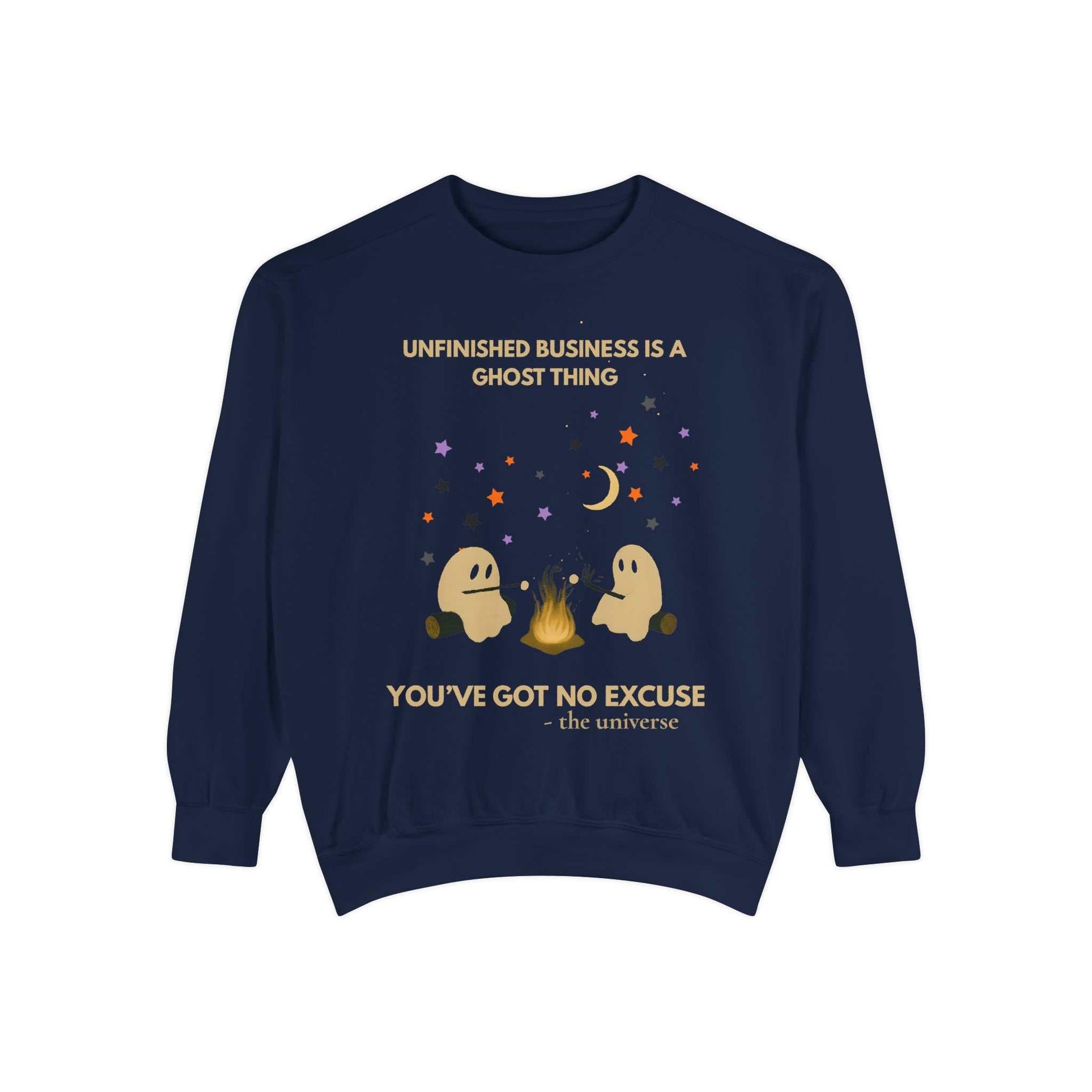 Navy blue sweatshirt with ghosts around a campfire and Halloween-themed text.