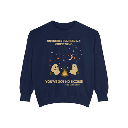 Navy blue sweatshirt with ghosts around a campfire and Halloween-themed text.