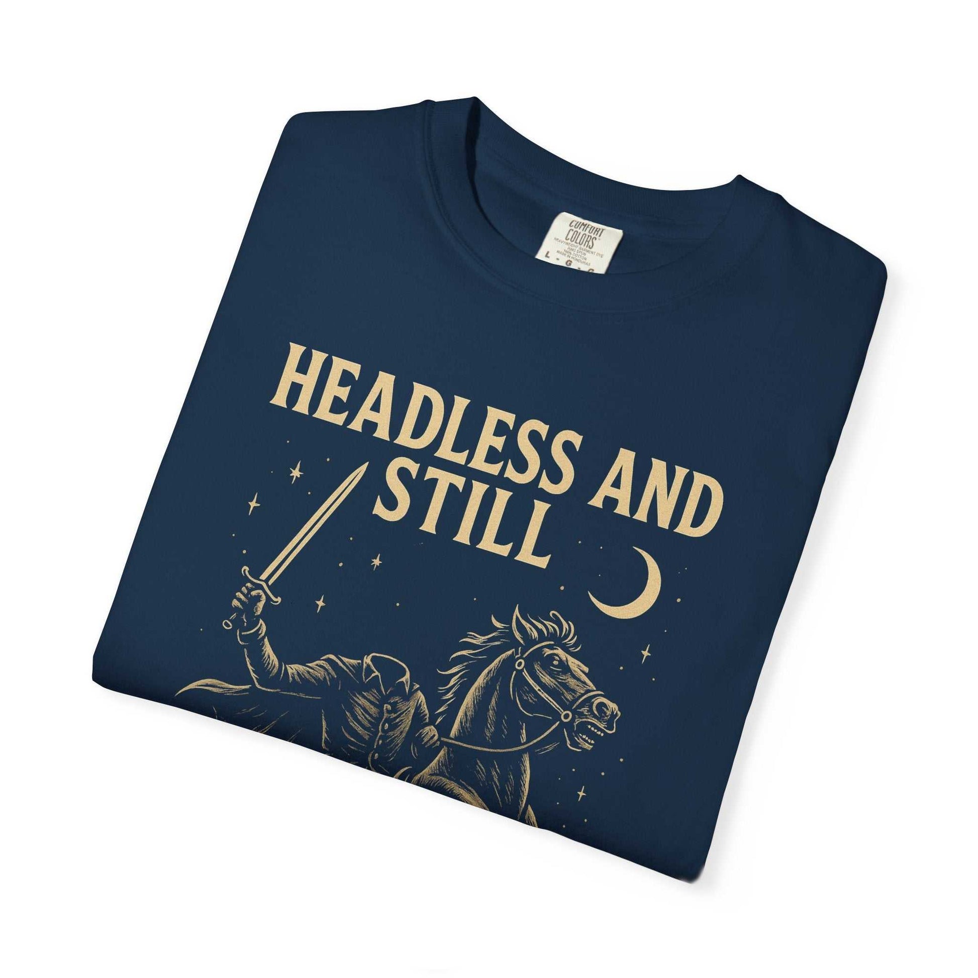 Folded navy Headless Horseman shirt with spooky motivational design and eco-friendly print