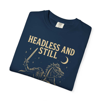 Folded navy Headless Horseman shirt with spooky motivational design and eco-friendly print