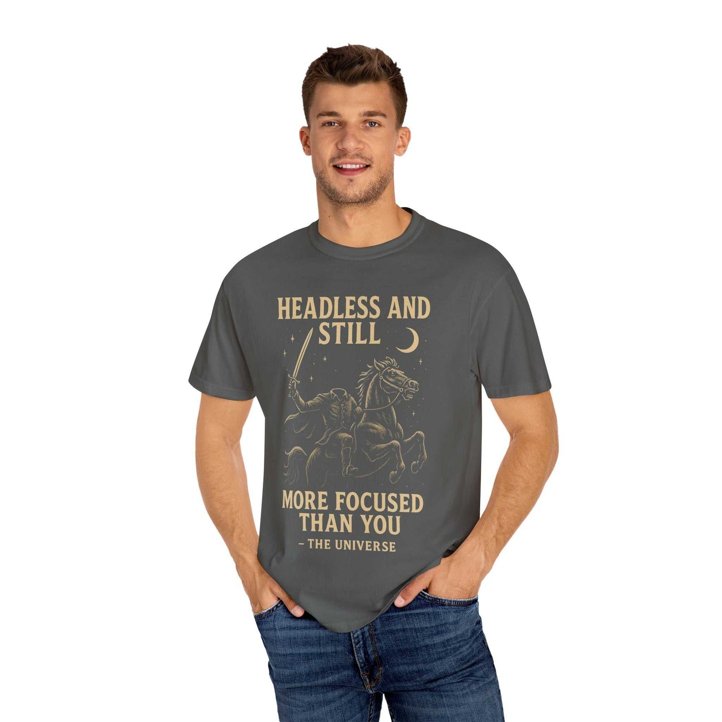 Man wearing gray Headless Horseman shirt with motivational Halloween design