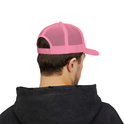 Back view of man wearing pink Planet Smile trucker cap with mesh back and adjustable snap closure