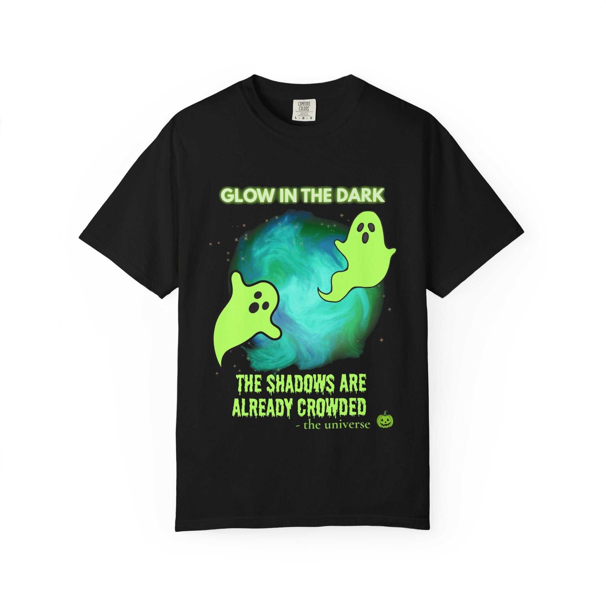 Black t-shirt with a glow-in-the-dark ghost design and text.