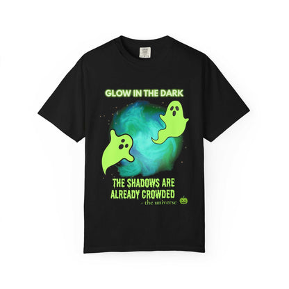 Black t-shirt with a glow-in-the-dark ghost design and text.