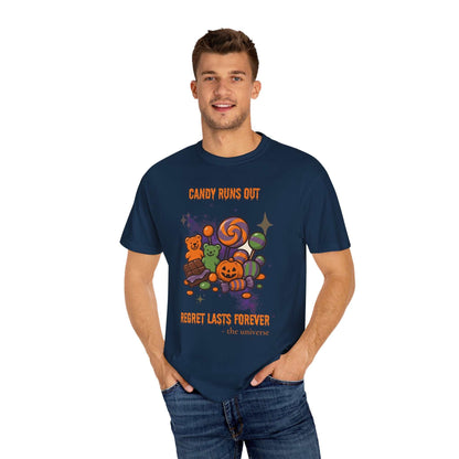 A navy t-shirt with a Halloween candy graphic and text.