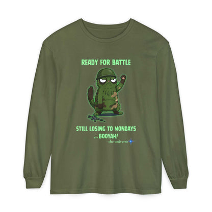 Green Comfort Colors® long sleeve tee with "Ready for Battle" cactus graphic and humorous Monday slogan