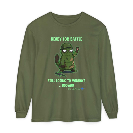 Green Comfort Colors® long sleeve tee with "Ready for Battle" cactus graphic and humorous Monday slogan