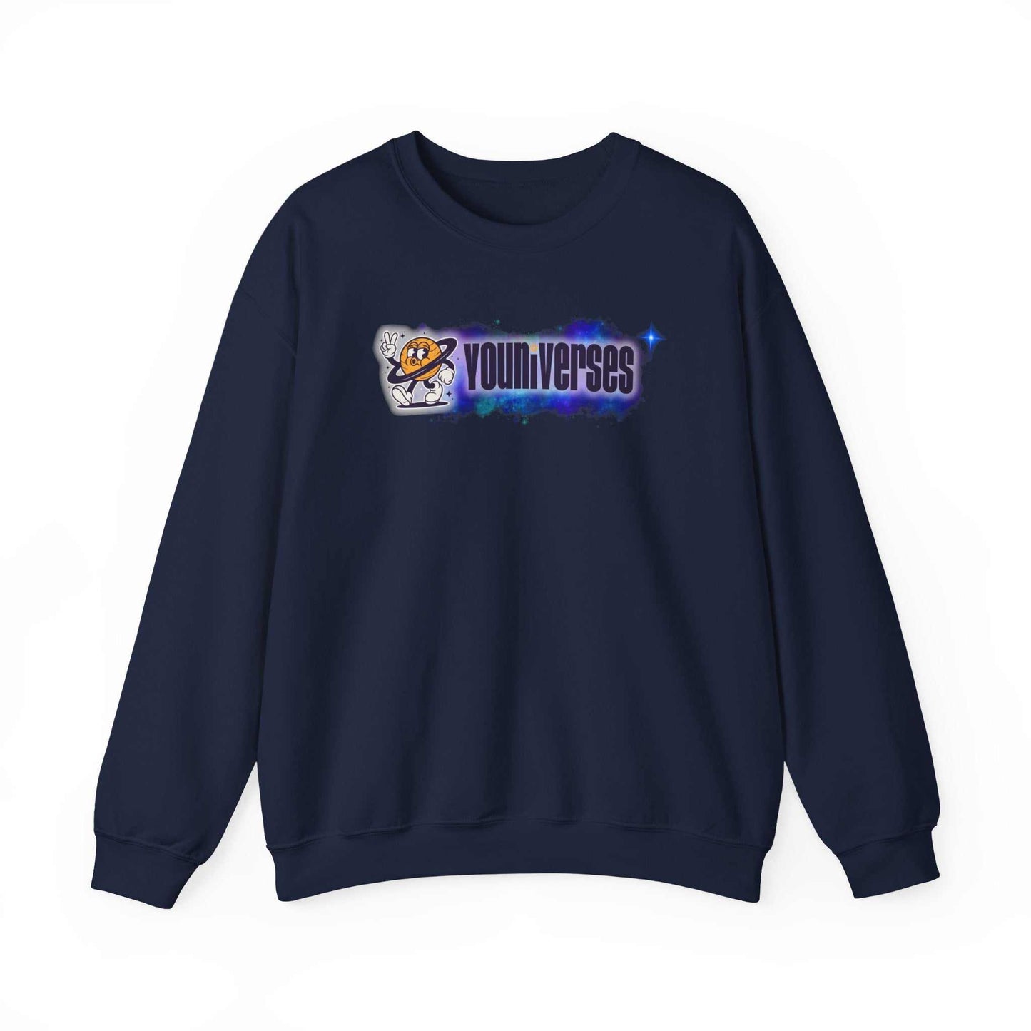 Navy crewneck sweatshirt with Youniverses space logo featuring retro astronaut and nebula graphic